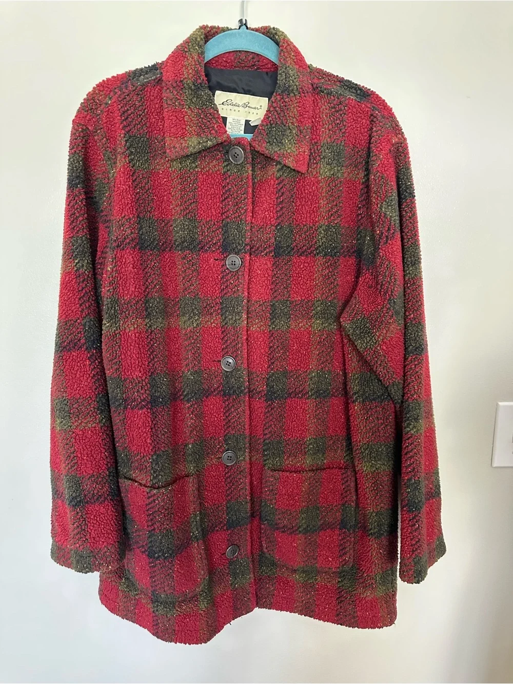 Eddie Bauer Red and Green Plaid Teddy Jacket